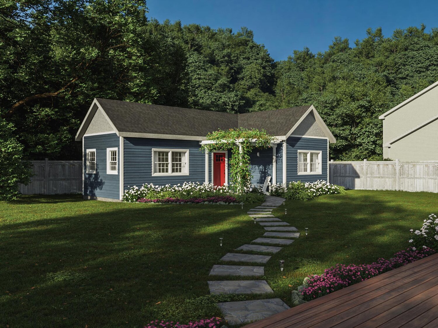Sunlit backyard ADU with garden path and main house in a Central New Jersey lot